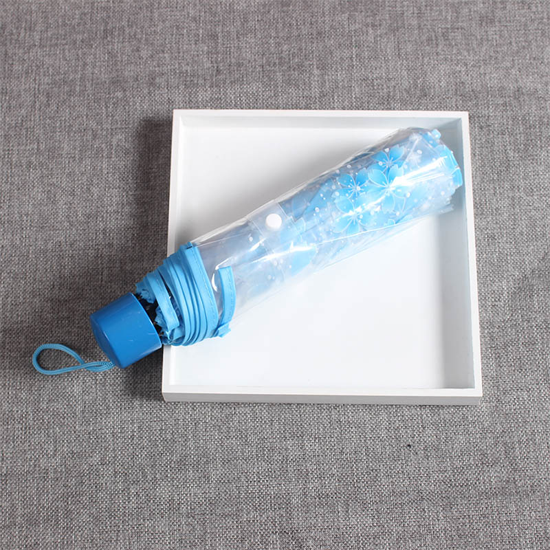 Japanese Cherry Blossom Transparent Umbrella Plastic Girl Female Cute Flower Rain Umbrellas 3 Folding Women Clear Umbrella Small: Non-automatic Blue