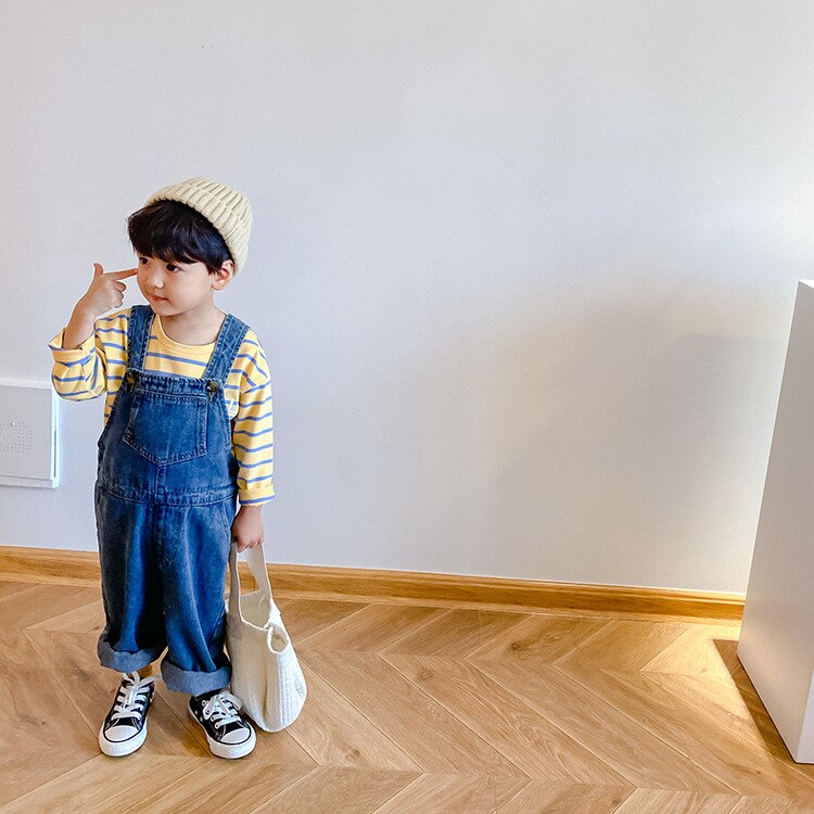 Jongens Meisjes Losse Toevallige Denim Overalls Meisjes Herfst 2 Kleuren Wijde Pijpen Alle-Wedstrijd Broek Jarretel: Blauw / 3T