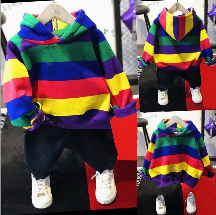 Merke gutteklær barn vinter gutter klær regnbuebar barn gutteklær sett fortykket hettegenser, fortykket jeans