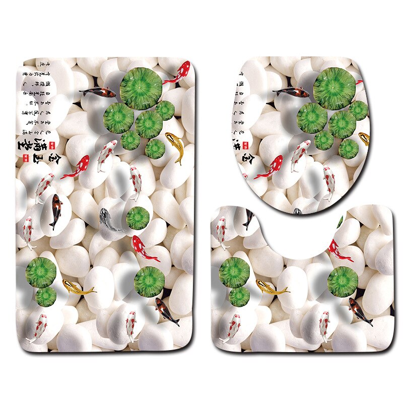 Zeegle 3D poisson imprimé salle de bain tapis 3 pièces anti-dérapant tapis dans les toilettes lavable piédestal tapis couvercle toilette couverture tapis de bain: Fish 08