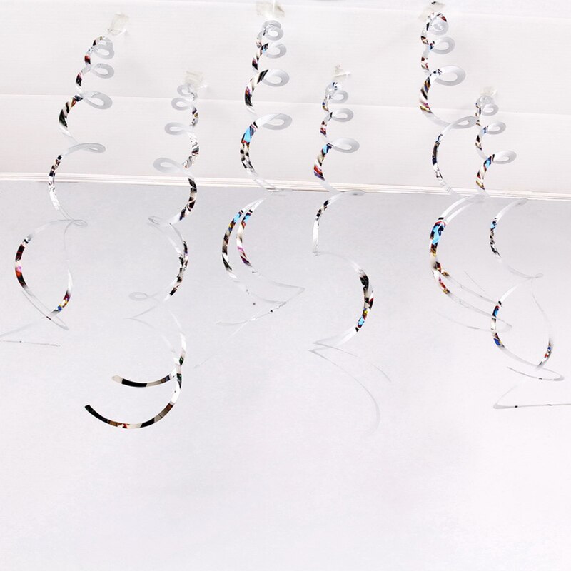 6Pcs Halloween Decoration Ribbon Metallic Ceiling Hanging Streamers Swirl Sparkling Spiral Ornament For Wedding Birthday Party: Silver