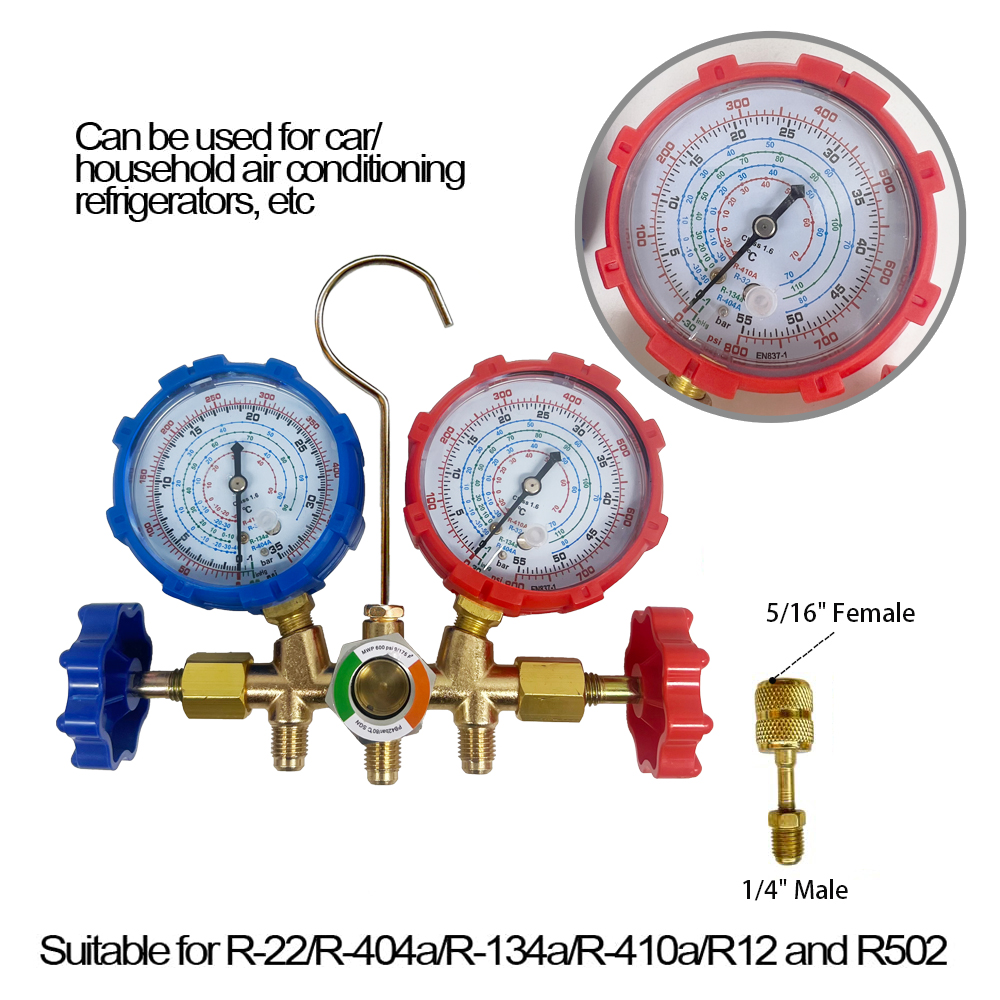 Air Conditioning Pressure Gauge with Hose and Hook 3 Way AC Diagnostic Manifold Gauge Set for Freon For R12 R32 R404A R134a