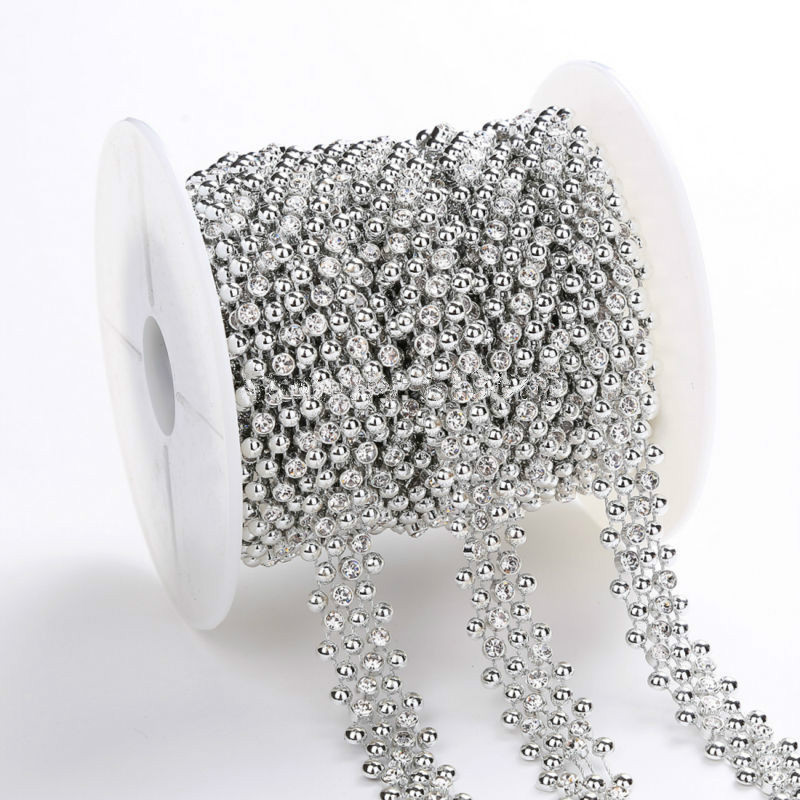 BOLIAO 1 Yard 15mm (9/16 &quot;) breedte ABS Imitatie Parel Kralen Ketting Trim en 4mm Ronde Steentjes Wedding Party Decoratie R2007: Silver