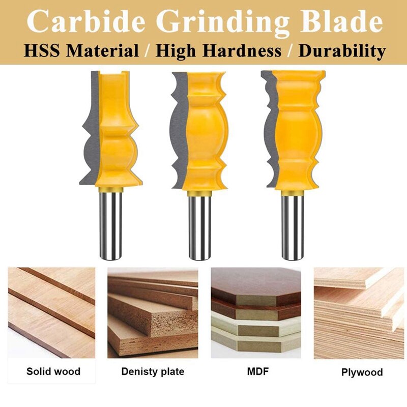 3 Pcs 1/2 Inch Shank Crown Molding Router Bit Raised Panel Wood Milling Cutter Set Rail & Stile Woodworking Miter