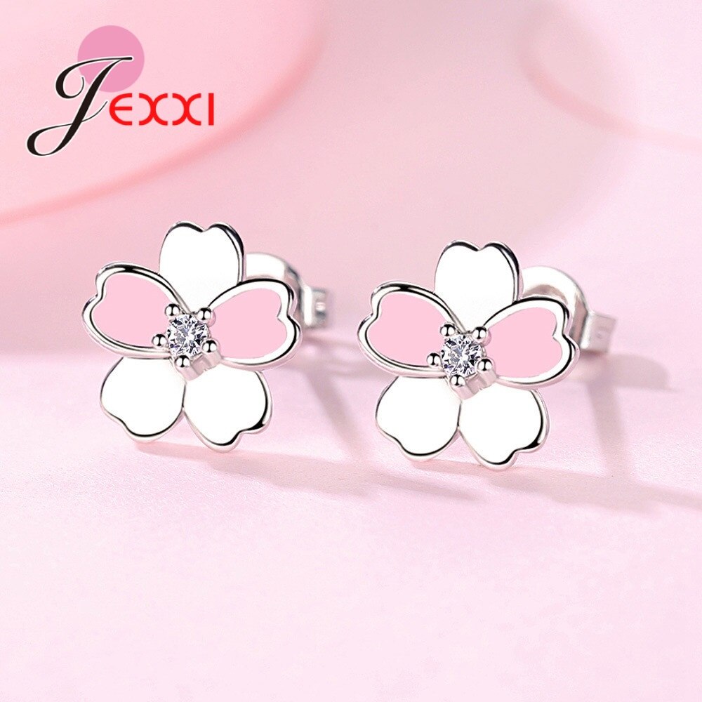 Nieuwkomers Kersenbloesems Bloem Ketting Oorbellen 925 Sterling Zilver Roze Glazuur Sakura Sieraden Sets Voor Mooie Dame