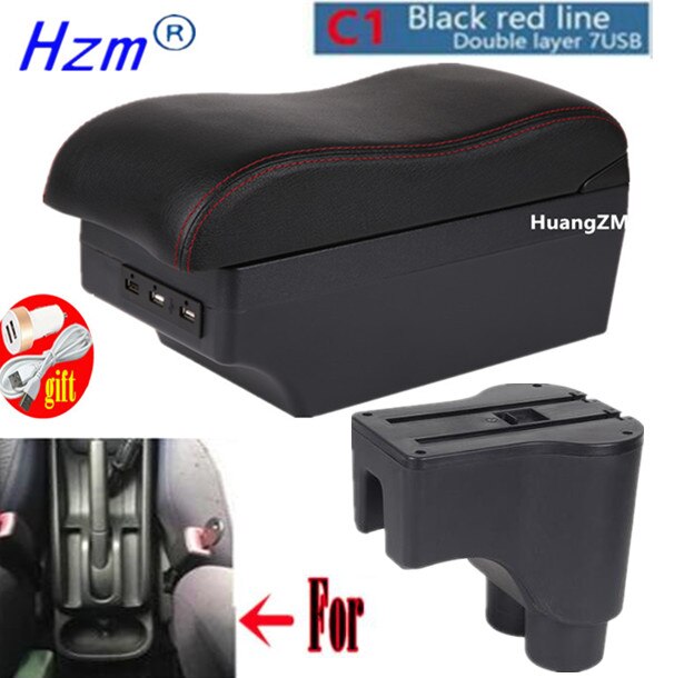 For Daihatsu Terios 2 armrest box For Daihatsu Terios 2 Car Central Storage Container PU Leathe with USB LED light: C1 red line 7USB