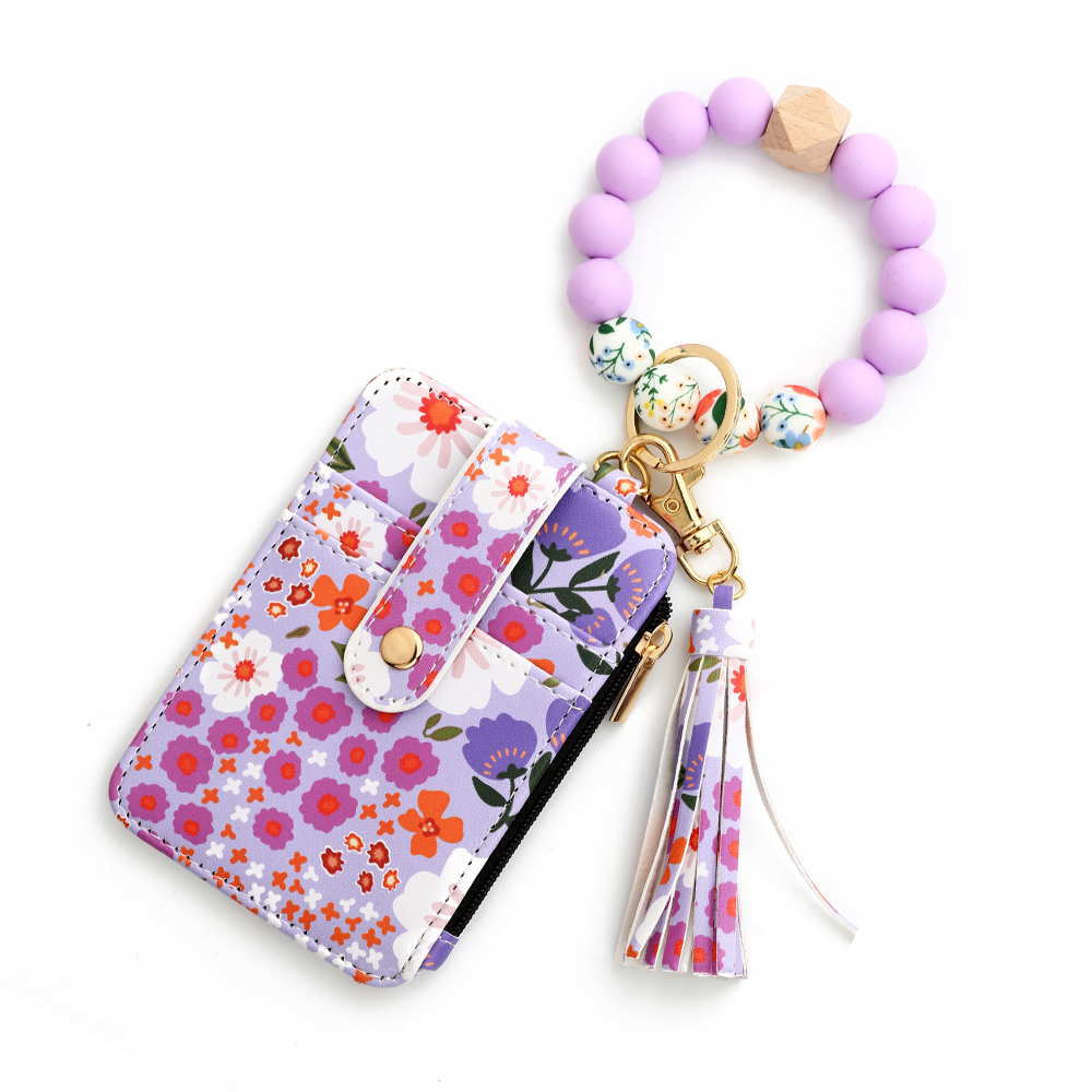 Silicone bead pu leather key chain wristlet id credit card holder keychain wallet for women Pink Flower Print Wallet: Clear
