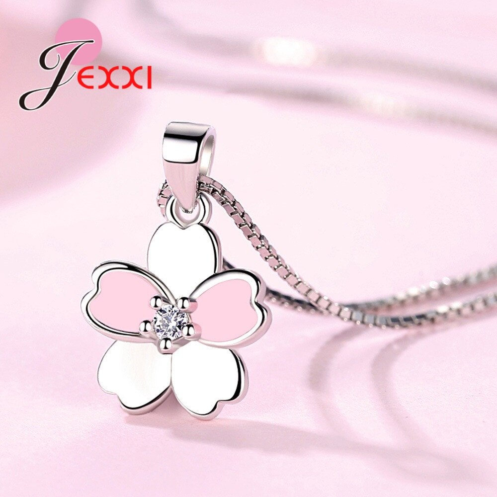 Nieuwkomers Kersenbloesems Bloem Ketting Oorbellen 925 Sterling Zilver Roze Glazuur Sakura Sieraden Sets Voor Mooie Dame