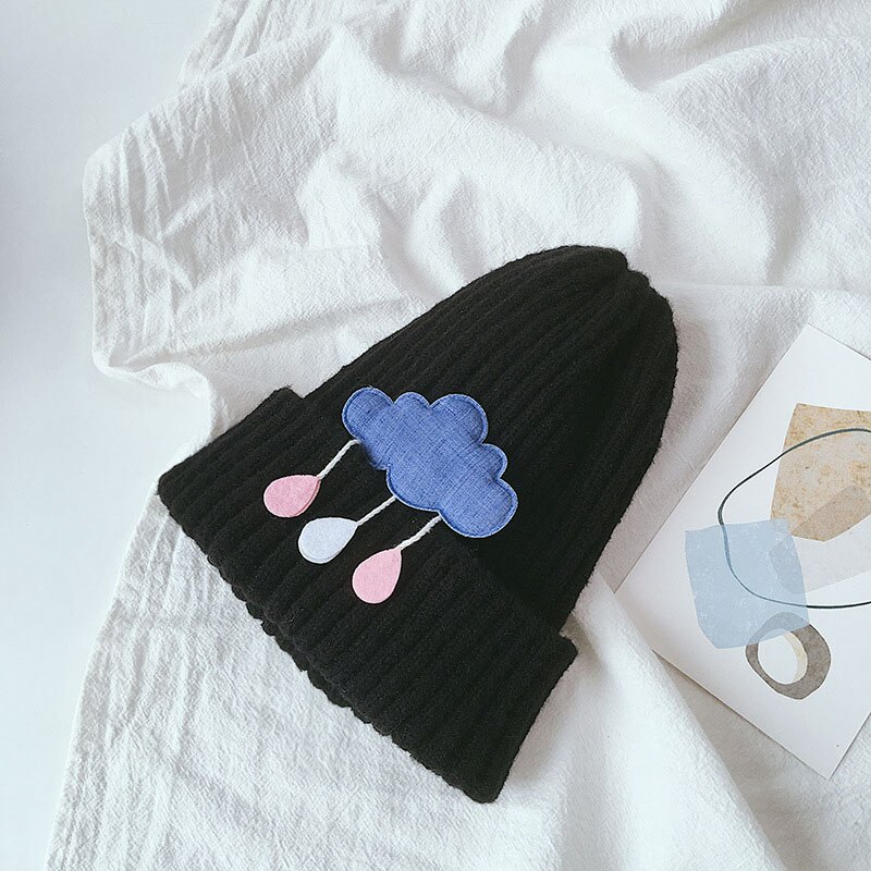 Herfst winter baby mutsen kinderen jongens meisjes mooie wolken gebreide muts effen kleur warme mutsen: Zwart