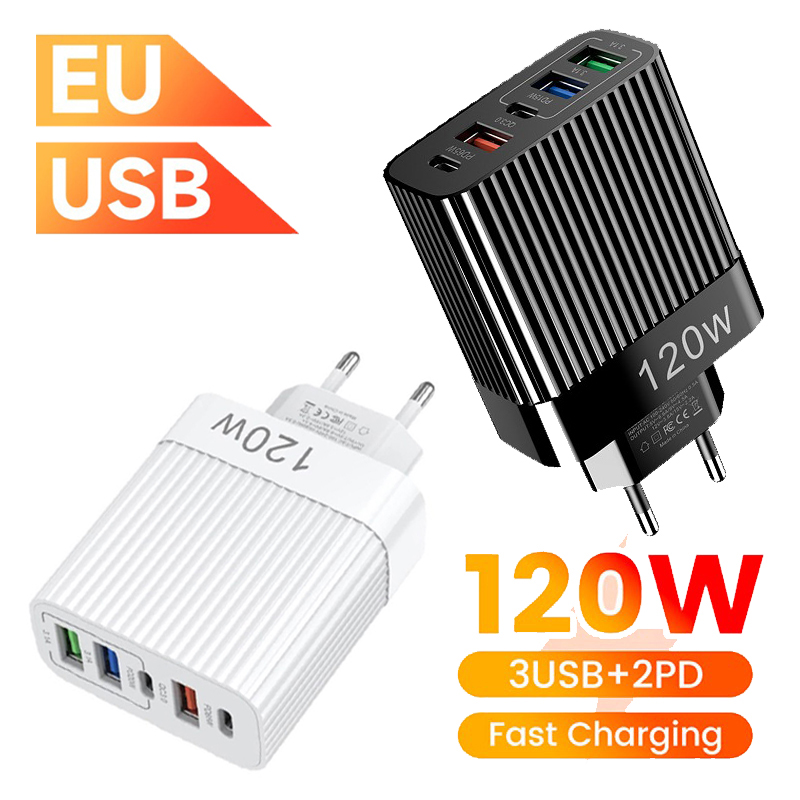 PD 120W GaN Cargador rápido 3,0 EE. UU. UE enchufe viaje portátil 5 puertos USB tipo C carga rápida adecuado para Android Ios iPhone Xiaomi