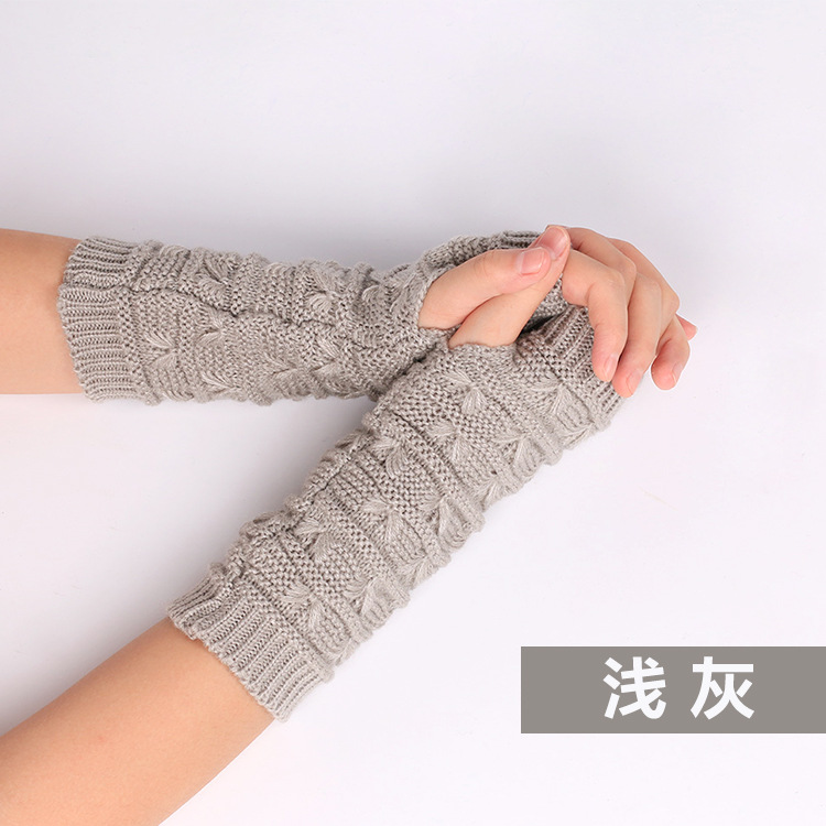 Women Thickened Gloves Knitted Woolen Arm Warm Autumn Winter Half Finger Sleeves Arms Hand Cover Solid Color: Gray