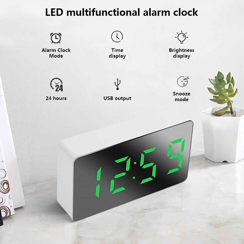 LED Mirror Alarm Clock Digital Snooze Table Clock Wake Up Light Electronic Large Time Temperature Display Home Decoration Clock