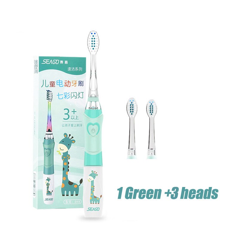 Seago Kids' Electric Toothbrush Powered Battery Smart Timer ToothBrush Soft Bristle Brush Head Kids Oral Care Colorful LED: green 3 heads