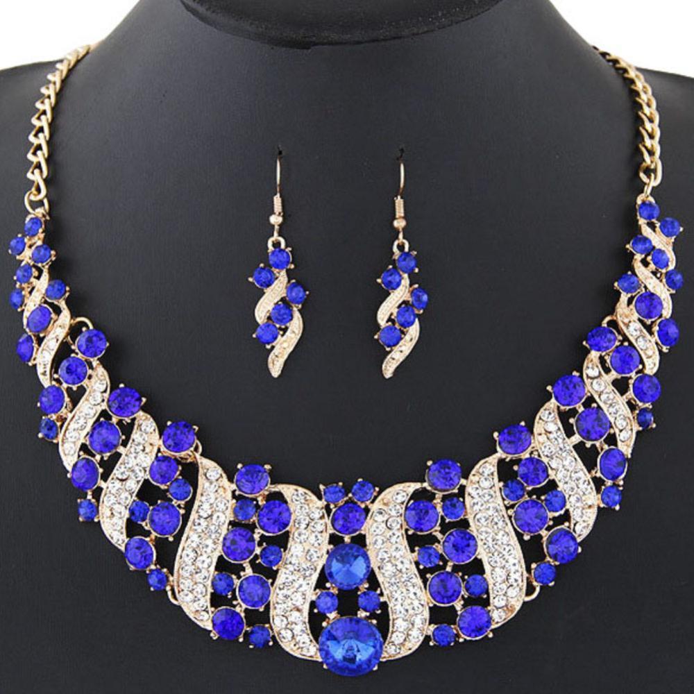Ketting met strass steentjes, haakoorbellen, bruidssieradenset, sieradensets voor vrouwen, oorbellen 2022: Blauw