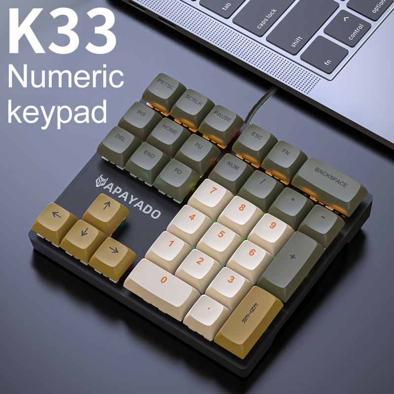 APAYADO-K33 Mini teclado numérico, eixo mecânico azul, RGB,PBT Keycaps, apto para o governo, engenharia, impostos, K33