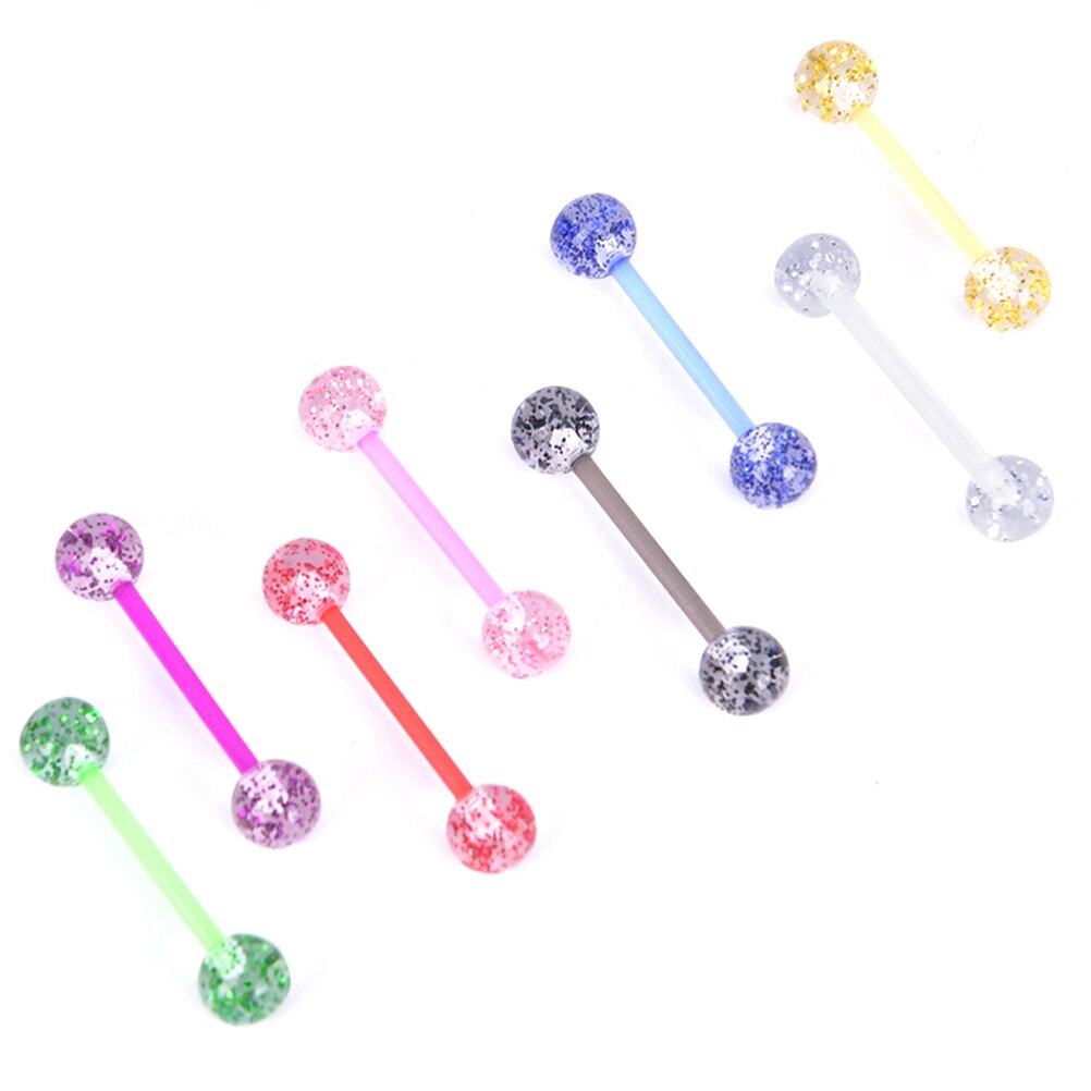 8 stks/set Kleurrijke Glitters Tong Ringen Acryl Zachte Staaf Barbell Ball Tong Stud Piercing Sieraden