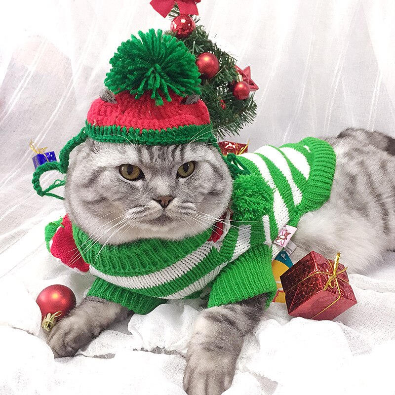 Suéter cálido para gato, ropa para mascotas con bola de Navidad, colorido, otoño e invierno,: Verde / XS