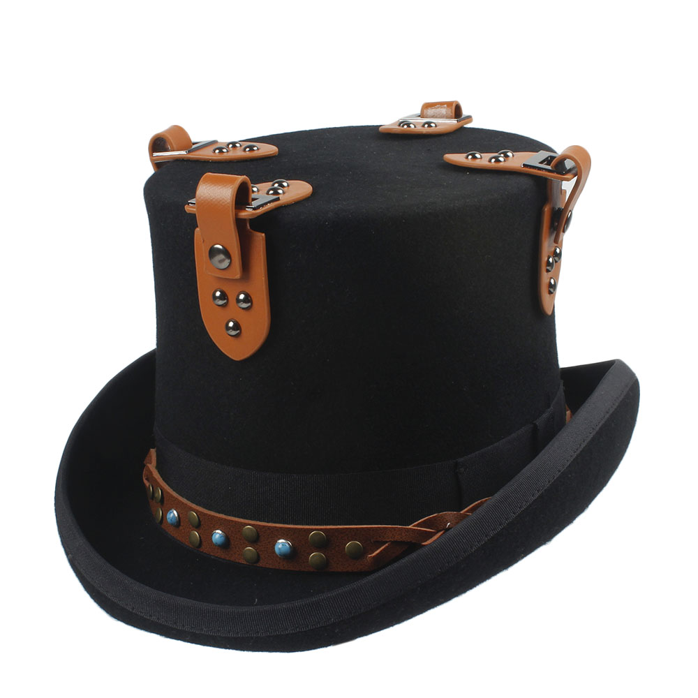 Black Steampunk Top Hat Voor Vrouwen Mannen Wol Stoom Punk Versnelling Hoed Millinery Fedora Bril Party Cosplay Cap Steampunk Hoed