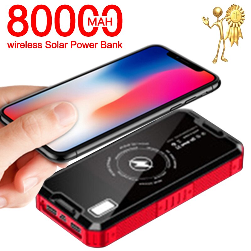 Solar Draadloze 80000Mah Powerbank Telefoon Externe Oplader Solar Battery Pack Opladen Draagbare Outdoor Reizen Emergency Powerbank