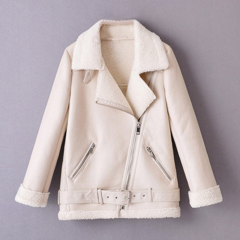 Aachoae Frauen Winter Feste PU Faux Leder Jacke Mit Gürtel Dicke Warme Reißverschluss Langarm Mantel Weibliche Streetwear gepolstert Jacken: Beige / S