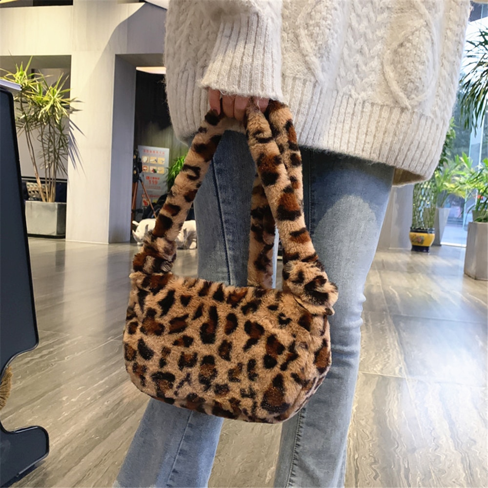 Kvinner myke plysj skuldervesker vintage leopard crossbody messenger bag damer høst vinter stor kapasitet vesker