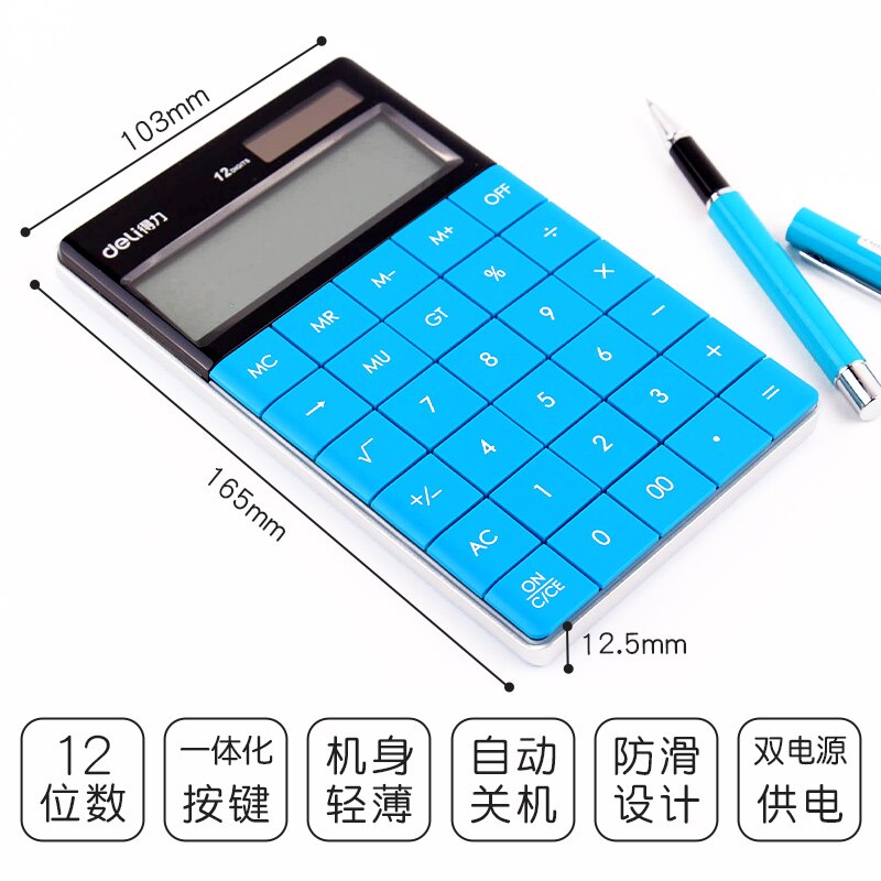 Deli calculator candy color office solar mini student financial special computer: blue