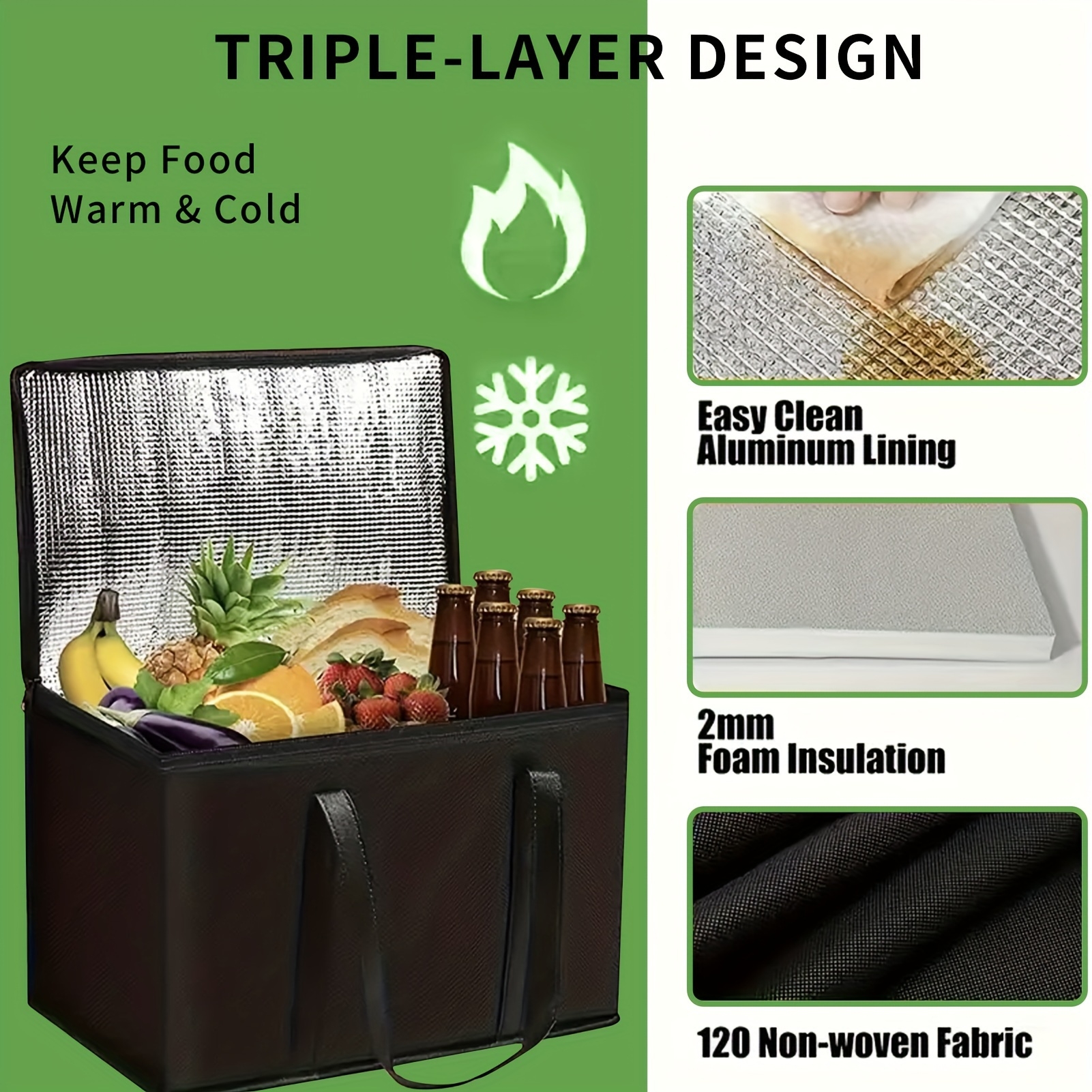 1pc Large Capacity Insulated Bags Foldable Reusable Soft Cooler Bag Lightweight To Keep Cold Takeout Food Bag