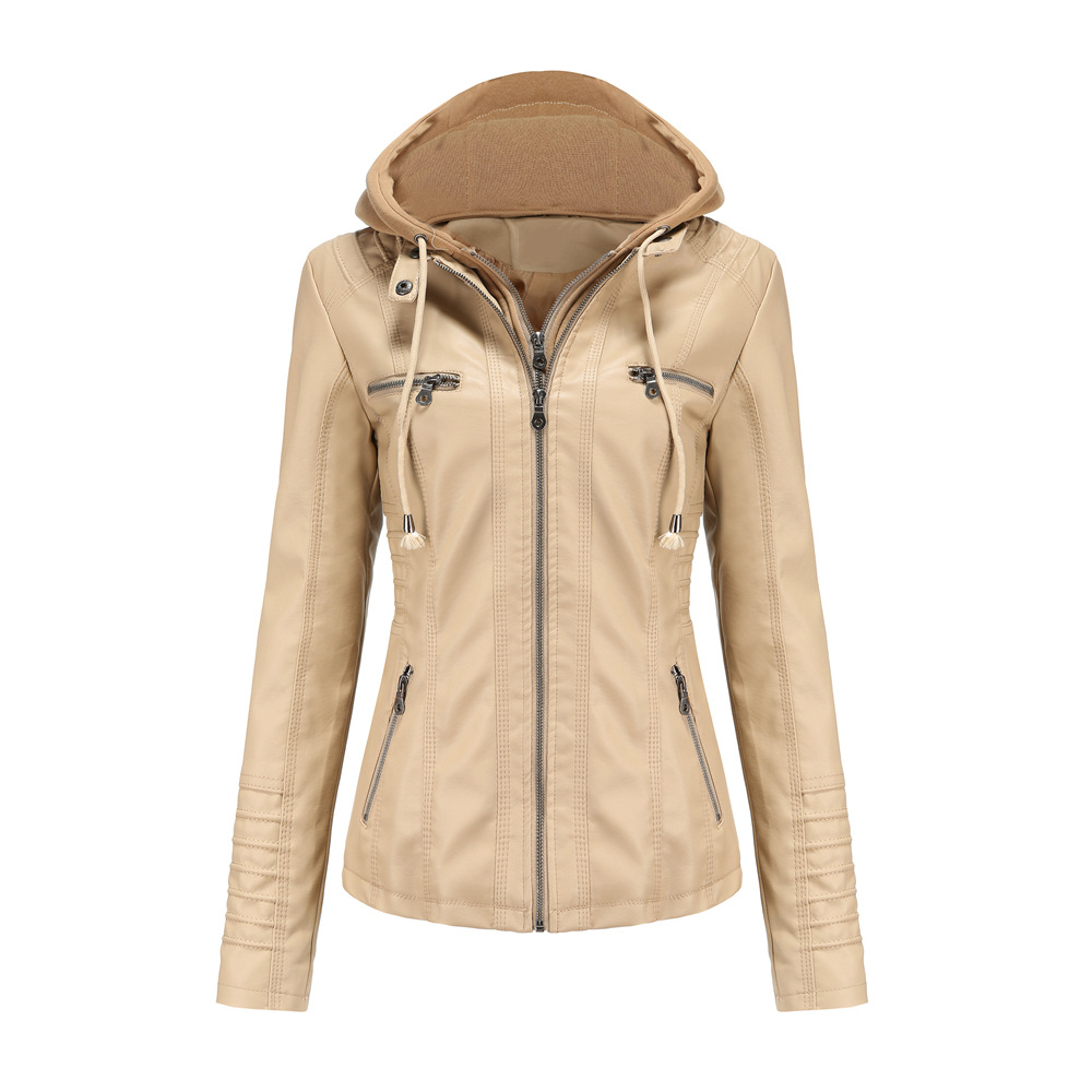 YJKDYK 2025 Lente Herfst vrouwen Lederen Jassen Capuchon Afneembare Rits Jas Vrouwelijke Zak Pure Kleur Motorjas: XXL / Khaki
