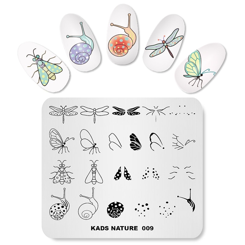 KADS Nail 009-placas de estampado de uñas Nail Art, diseños de polillas de caracol, Libélula, mariposa, plantilla de sello, herramientas de transferencia de uñas para manicura