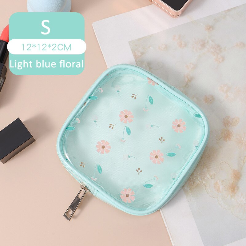 Q grote capaciteit draagbare voor vrouwen cosmetische tassen pvc doorschijnend bedrukt s/m/l/set waterdichte multifunctionele meisjes toilettassen: Blauw s