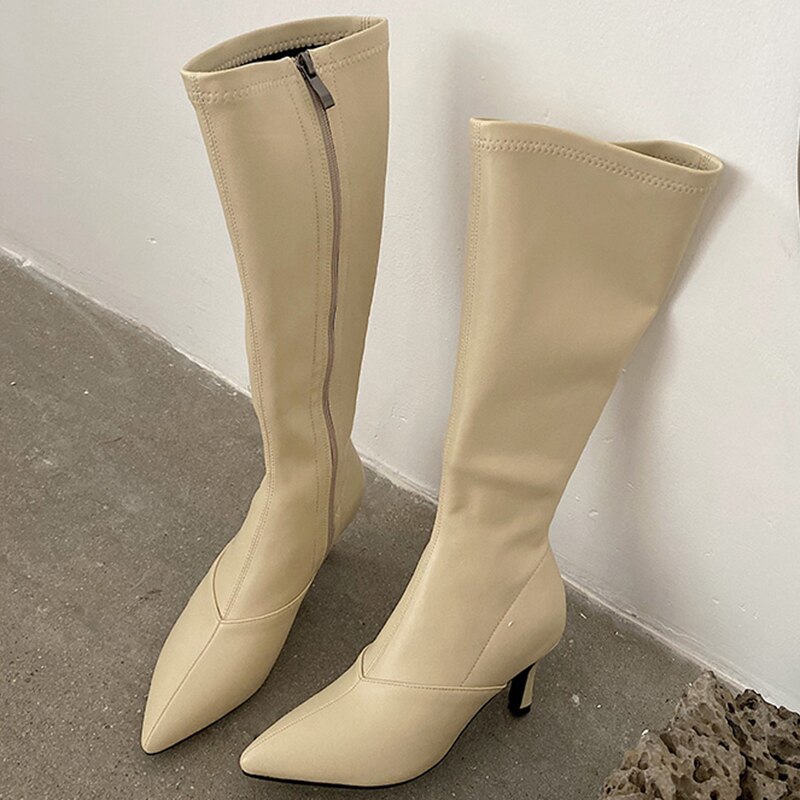 Trending kvinder spidse knæ høje støvler blyant høje hæle beige støvler brun blødt læder lynlåse støvler dame sko: Elfenben / 8.5