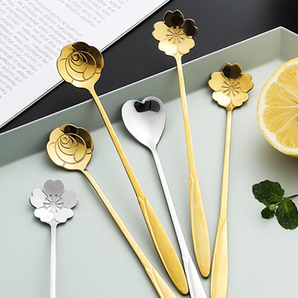 Kitchen Spoons Stainless Steel Teaspoons Long Handle Flower Heart Ice Cream Dessert Coffee Tea Spoons Mixing Spoon