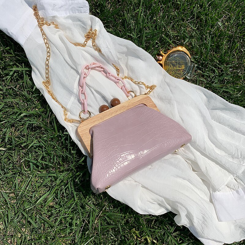 Simple Retro PU Soft Leather Clip Bag Alligator Shell Bags Chic Mini Shoulder Evening Clutch Purse Handbags Lady Chain Tote Bag: Pink