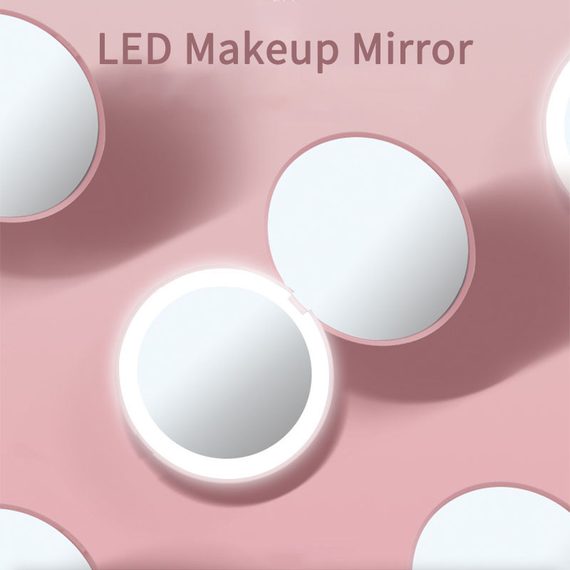 Bærbart led makeup spejl  m005 mini lommespejle 2x forstørrelses spejl makeup spejl lys kompakte spejle håndholdt spejl
