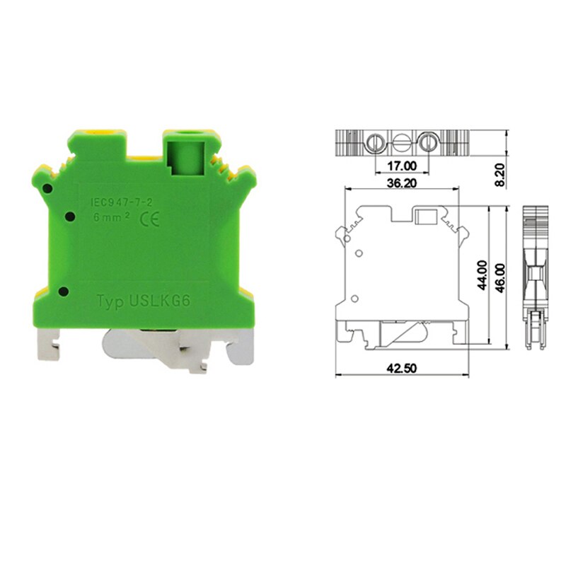 2Pcs Ground Terminal Blocks USLKG6 DIN Rail Screw Terminal Blocks UK-6N Yellow Green Earthing Morsettiera Wire Connector 6mm2