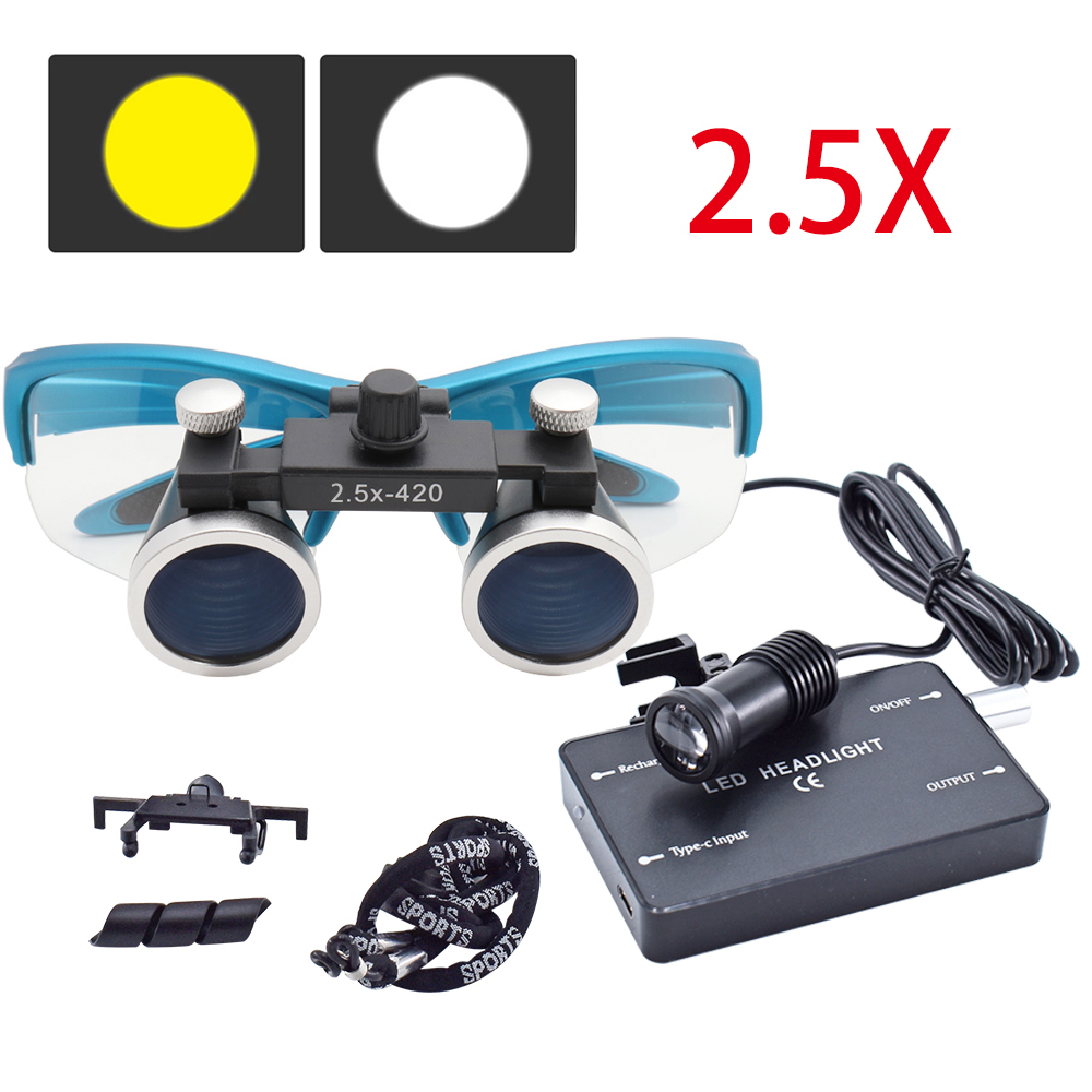 Tandheelkunde Verrekijker Vergrootglas 2.5X 3.5X Ultralichte Optische Loepen 320-420mm Vergrootglas Met Draadloze 5W Koplamp: Dark Purple
