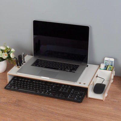 Soporte de madera para ordenador portátil, caja de almacenamiento de escritorio de oficina, Base de pantalla de Monitor, estante de almacenamiento: Blanco