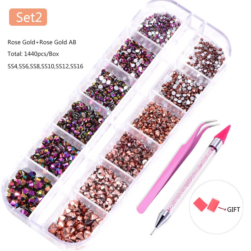 Set 1440 Stks/doos Crystal Nail Art Non Fix Steentjes Met Picking Potlood Mix 6 Maten Стразы Niet Hotfix strass F0234