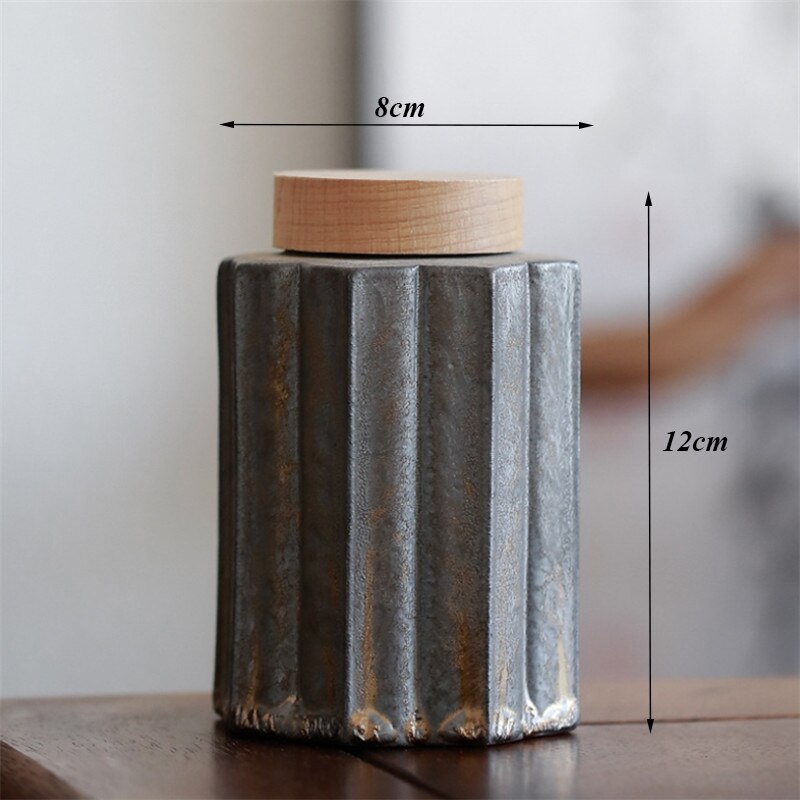 Ceramic Handmade Tea Caddy Coarse Pottery Geometric Sealed Storage Jar with Wood Cover Food Container Tea Ceremony: D