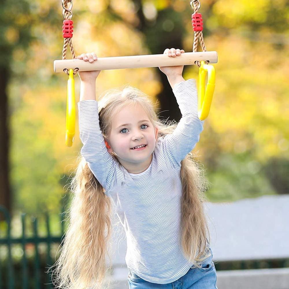 Havegyngesæde, træ trapez med gymnastikringe/gymnastik trapez til indendørs eller udendørs, på terrassen eller verandaen