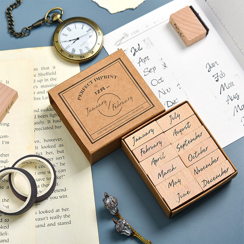 Tampon Vintage à symbole numérique en bois, série fonction de base, planificateur de mois, papeterie fournitures de bureau