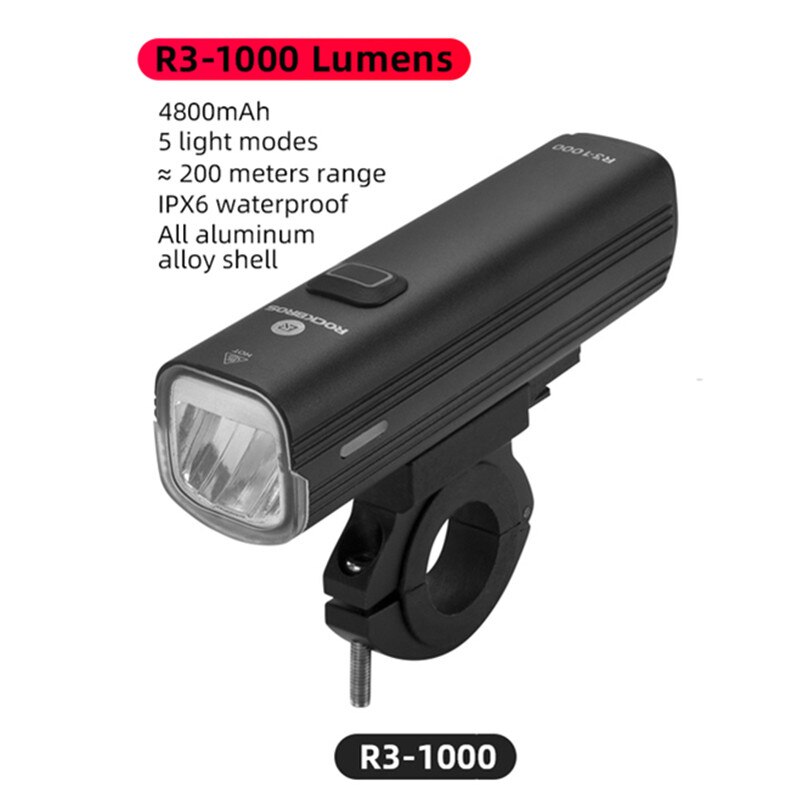 ROCKBROS-Luz LED delantera y trasera para bicicleta, faro trasero para ciclismo de montaña, con USB, 400/800/1000LM: R3-1000 Lumen