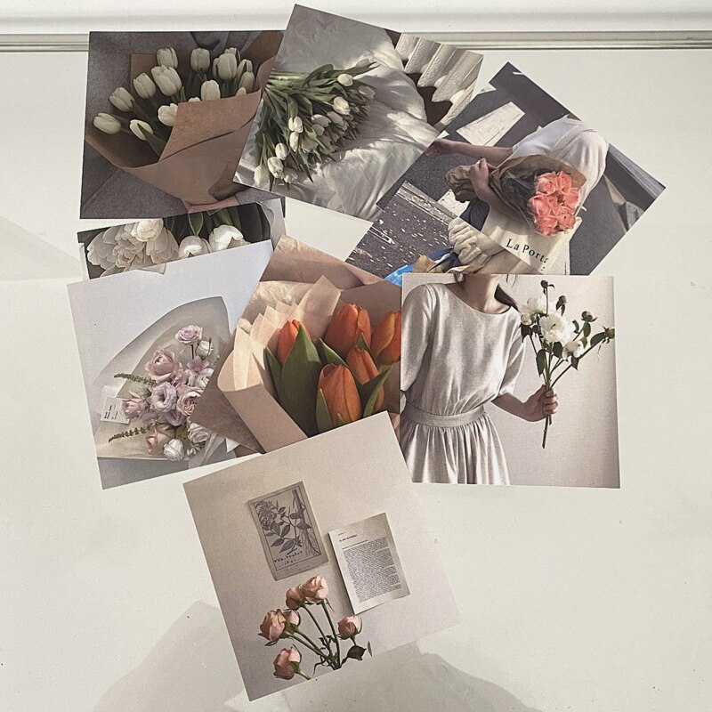 Korean Ins Tulip Flower Art Postcard Chic Room Home Aesthetic Decorative Card Diy Background Wall Photo Props 9 Sheets Square