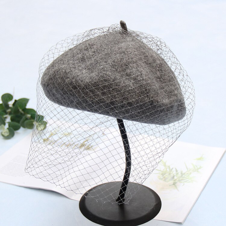 Baret Vrouwelijke Franse Hoed Plaid Wol Baret Met Sluier Voor Bruiloft Party Tweed Mesh Cap: Grey