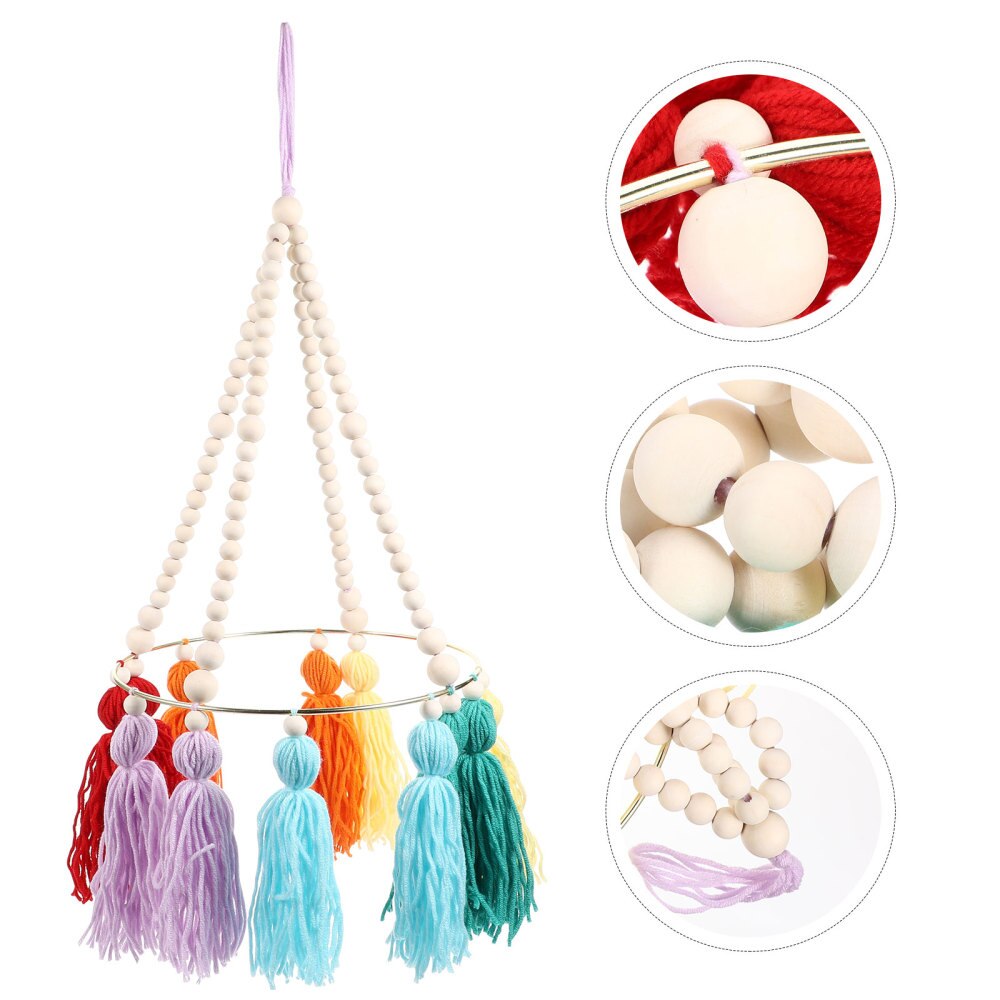 Wood Beads Hanging Lampshade Wood Bead Chandelier Pendant with Tassels