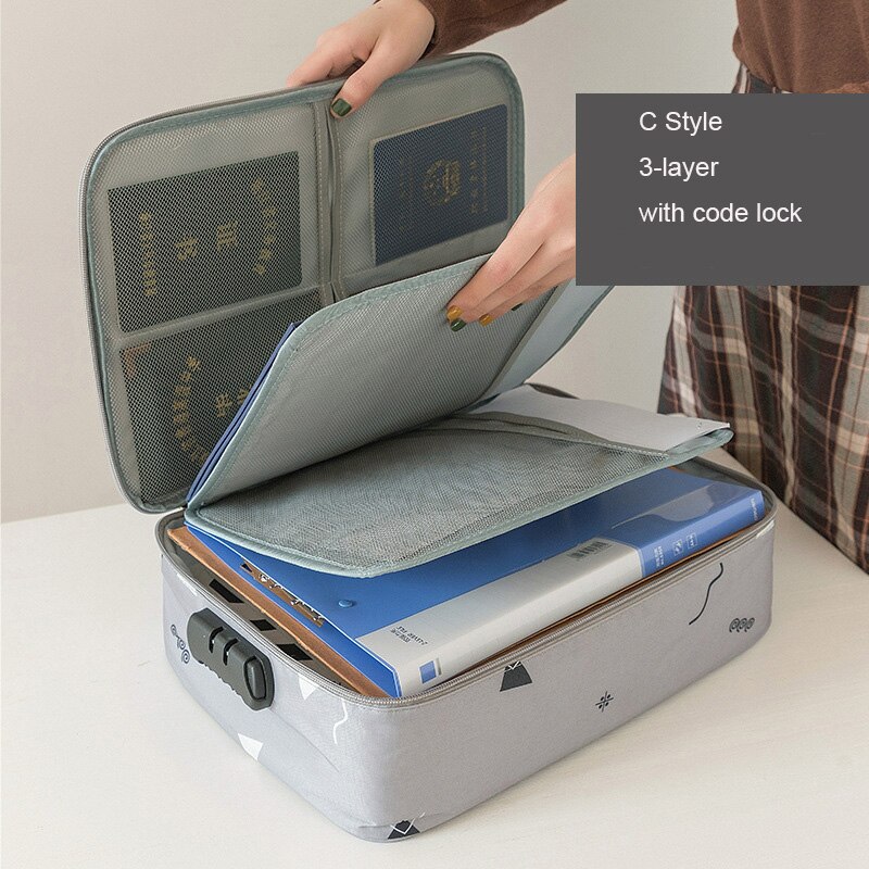 Travel Documents Organizer Bag for A4 Papers Storage Certificate Diploma File Pockets Two Three Layers Code Lock Choose: C style 3