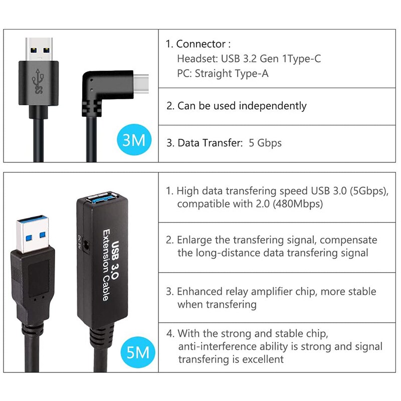 USB Data Cable - 8m/26ft - for Oculus Quest Link, Steam VR - Standard USB