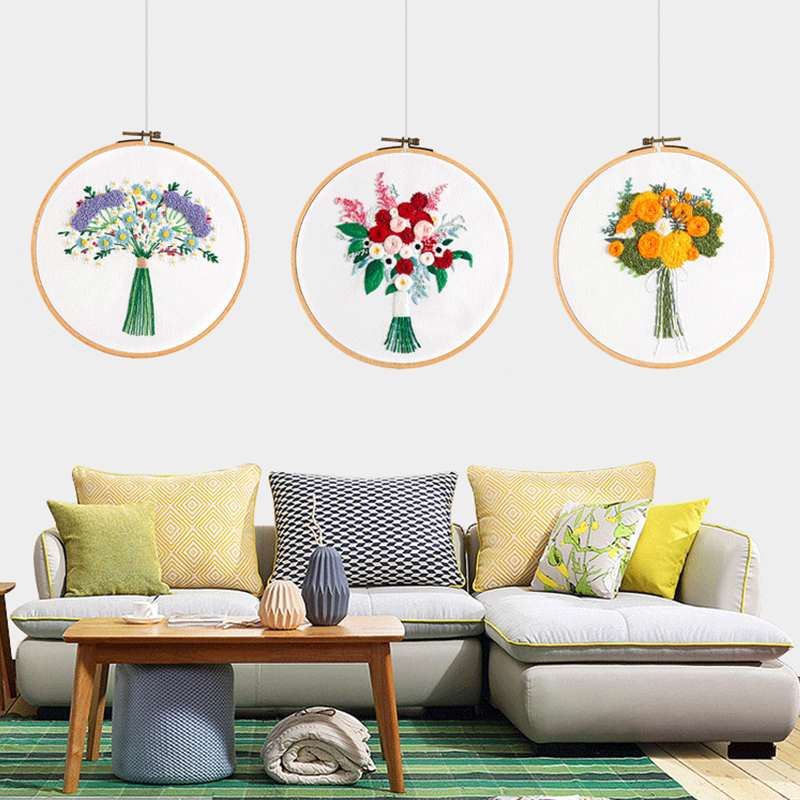 (6 Flower Patterns) Kit DIY Embroidery Handmade Beginner bouquet Needle Set Thread Punch Stitching Knitting Sewing Accessories