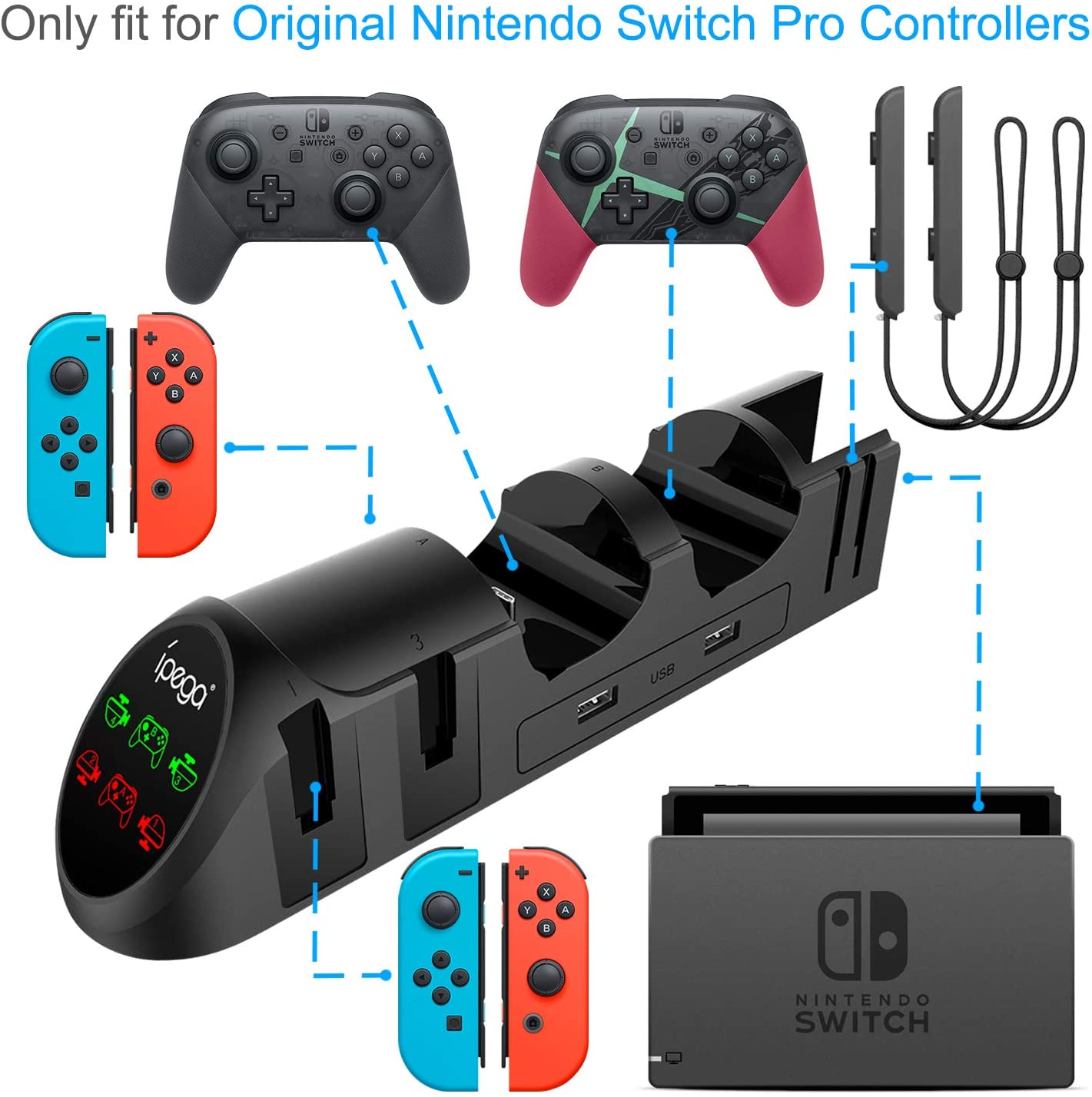 Estación de carga 6 en 1 para mandos de Nintendo Switch 4, Joypad 2 Pro, soporte de carga USB 2,0, accesorios de juego