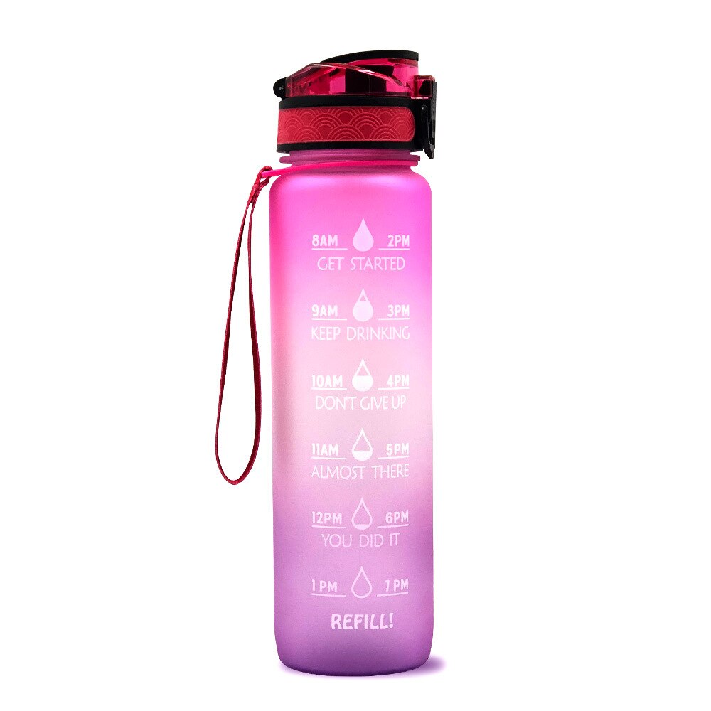 1L Tritan Materiaal Water Fles Met Bounce Cover Tijd Schaal Herinnering Frosted Lekvrij Cup Voor Outdoor Sport Fitness: Pink gradient